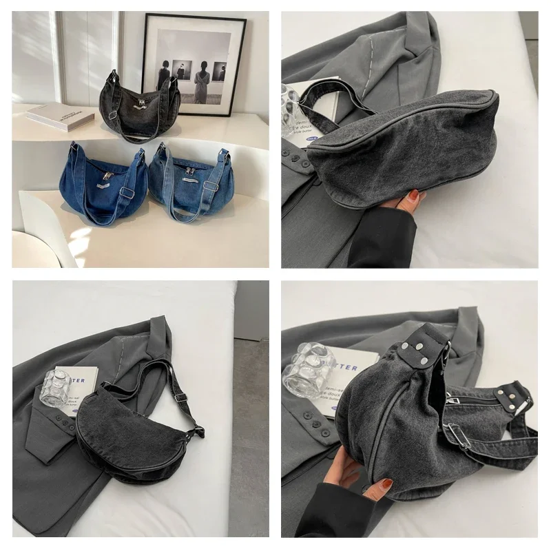 Denim Women's Bag New Jeans Messenger Bag Y2K Shoulder Corossbody Bag Eco Bag Korean Shopping Satchels Half Moon Canvas Handbag