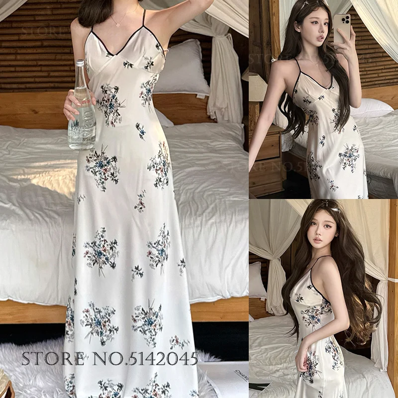 Female Suspender Long Nightgown Chemise Sleepwear Sexy Print Flower Night Dress Mujer Lingerie Silk Satin Homewear Loungewear