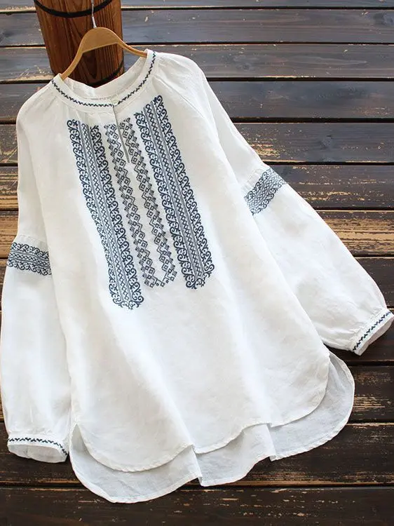 

Loose Ethnic Sle Embroidered round Ne Long Sve irt Women's Casual Top Oversized Spring Autumn Season Pullover