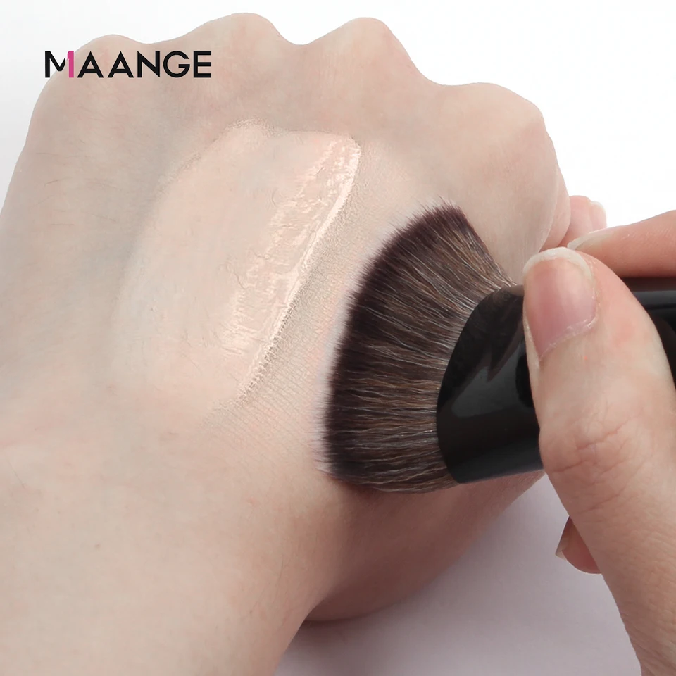 Brocha de base MAANGE de punta plana redonda con caja, para polvo, rubor y corrector, herramienta de maquillaje amigable con la piel 5