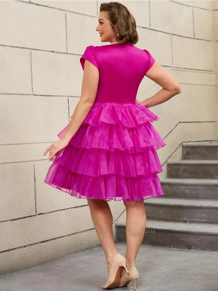 O Neck Short Sleeve Bow A Line Patchwork Dress for Women Elegant Layered Ruffle Tulle Skater Dress Summer Party Cocktail Dresses
