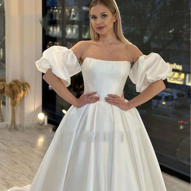 Vestido de novia con hombros descubiertos y mangas esponjosas para mujer, vestido de novia hermoso, longitud hasta el suelo, Espalda descubierta, lujoso y fascinante, 2023