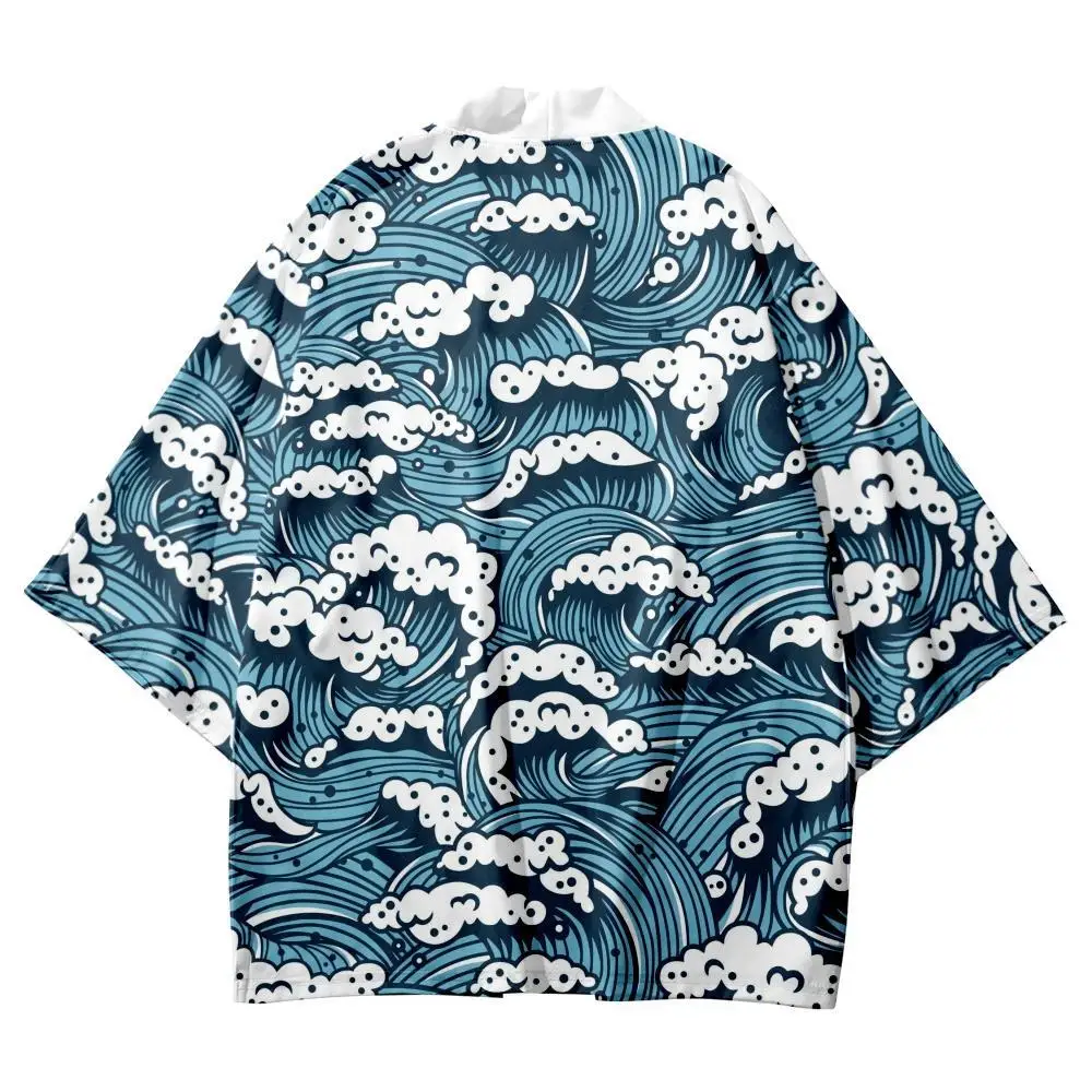 Modne niebieskie fale oceanu drukuj japońskie Kimono letnie dorywczo sweter plażowy Yukata kobiety mężczyźni Haori Top azjatyckie ubrania