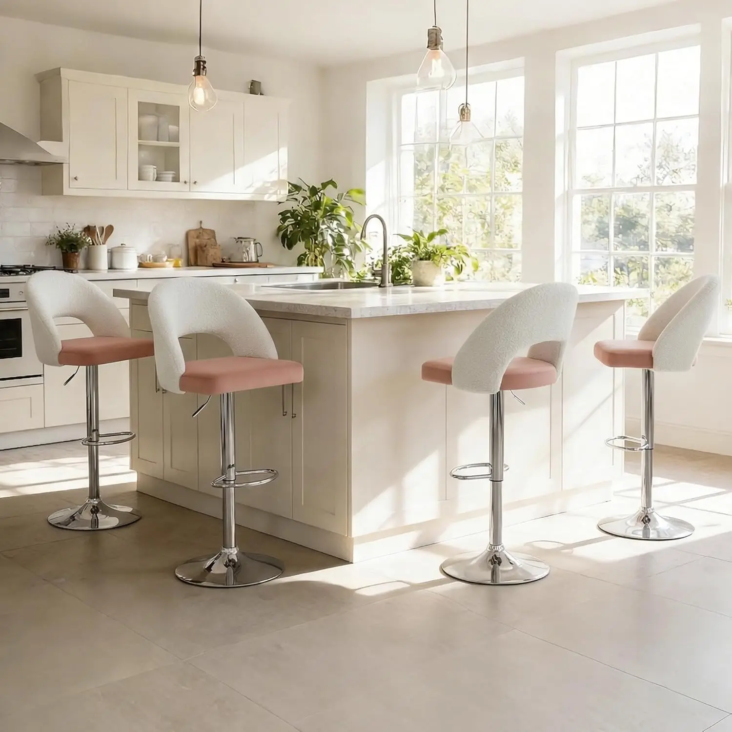 

4 Adjustable Swivel Bar Stools Lamb Wool Velvet Seat Metal Base Kitchen Island Bar Pink Customized