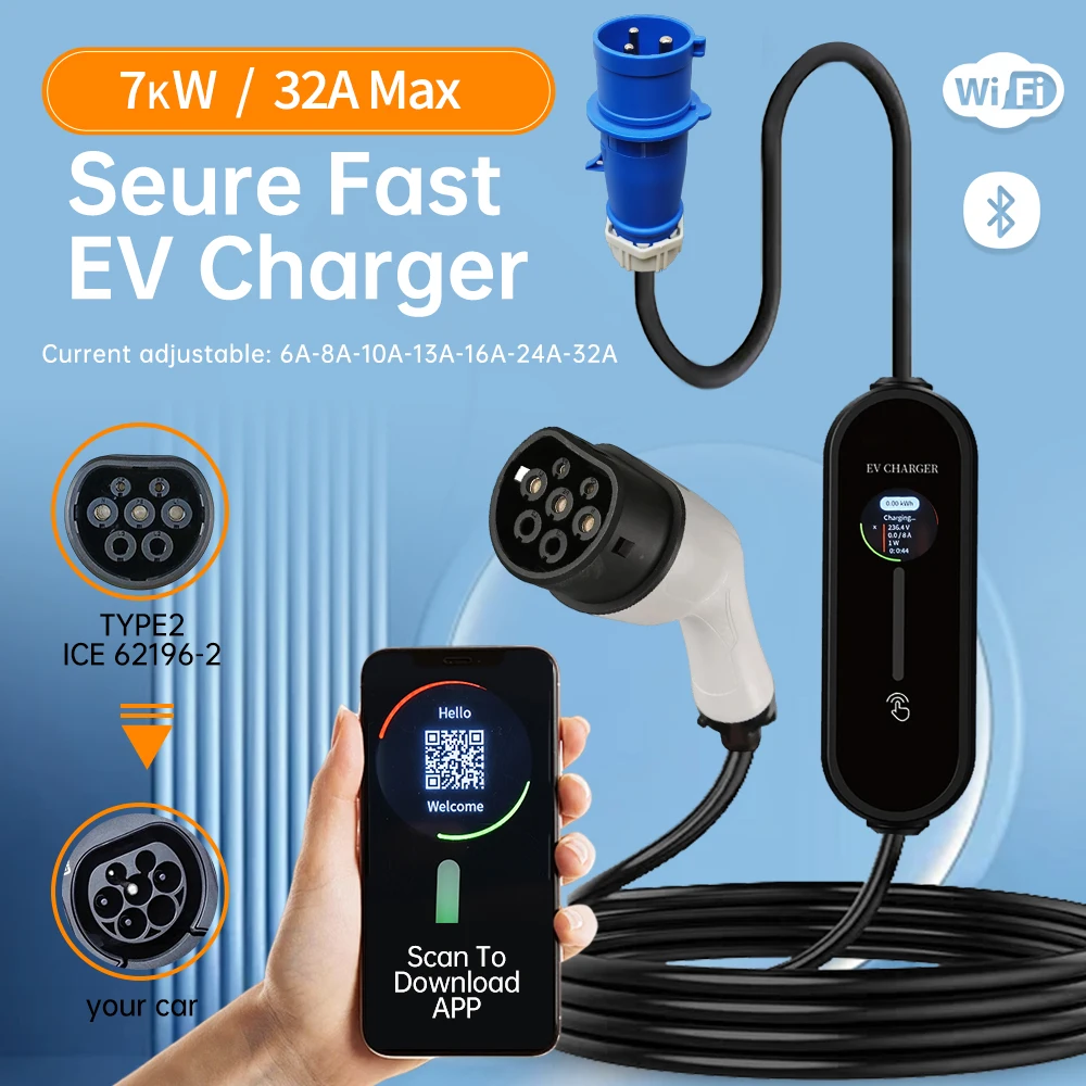 

Portable Type 2 EV Charger 7KW 32A 1Phase Wallbox Type1 GBT EVSE Fast Charging Cable CEE Plug WIFI APP Bluetooth Control