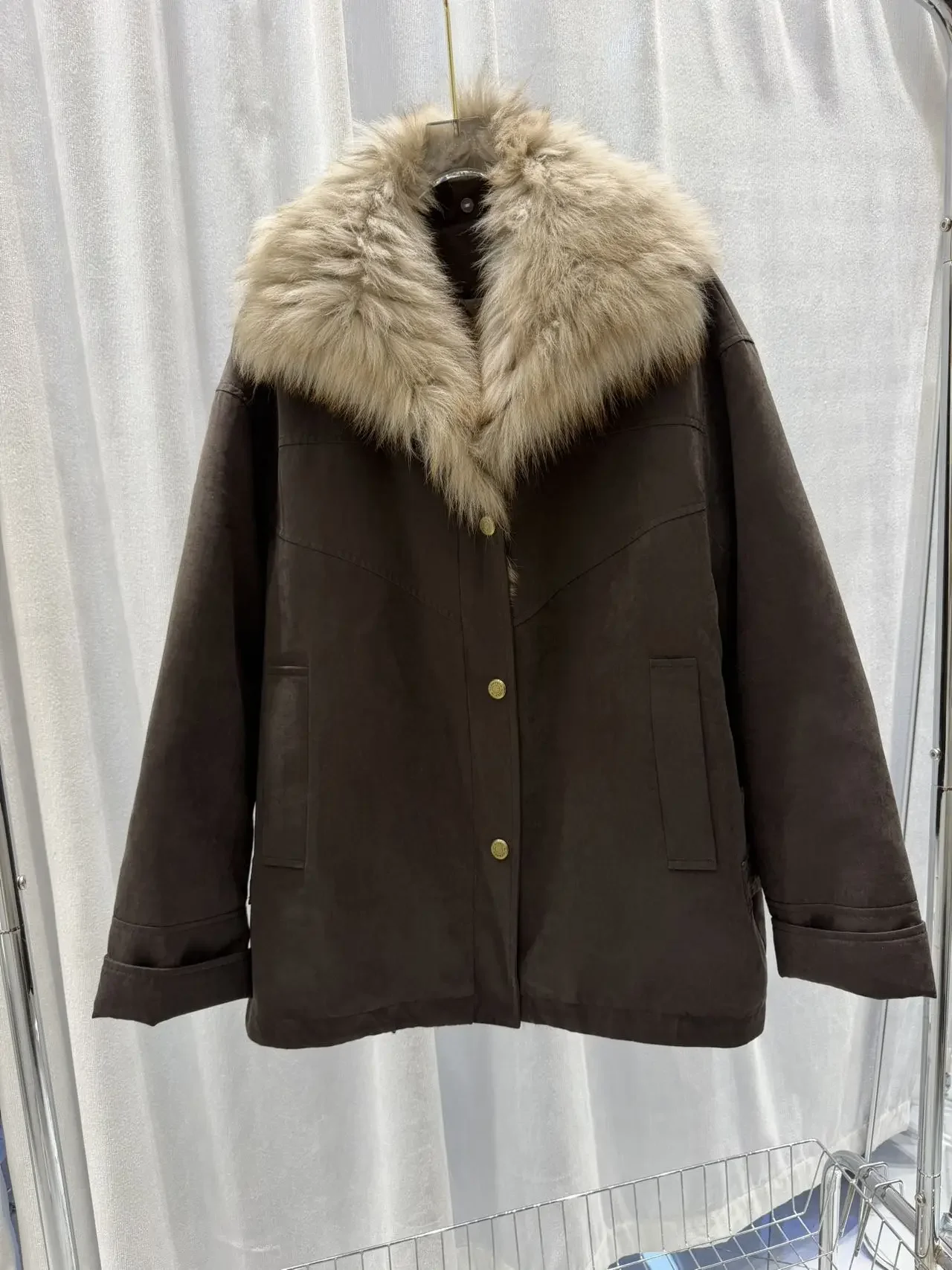 OFTBUY Winter Warm Real Suede Jacket Button Thick Padded Fashion Loose Outerwear Women Luxury Fox Fur Collar Goose Down Parka