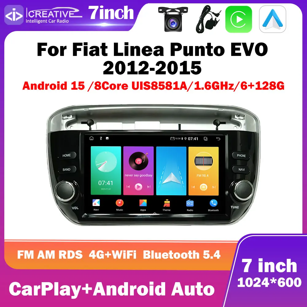 Android 15 Car Radio For Fiat Linea Punto EVO 2012-2015 7inch 1024*600 Carplay Auto Multimedia Stereo GPS Navi Intelligent 8Core