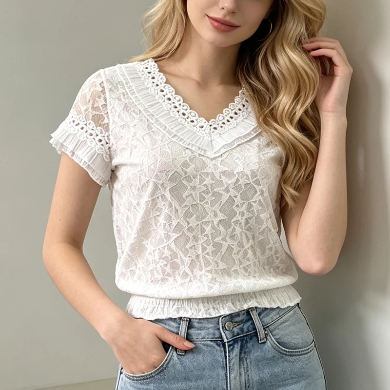 2026 Sweet Ruffled Top Short Sleeve Lace Top V-Neck Casual Shirt Elegant White Lace Waist Tops Summer Lightweight Blouses