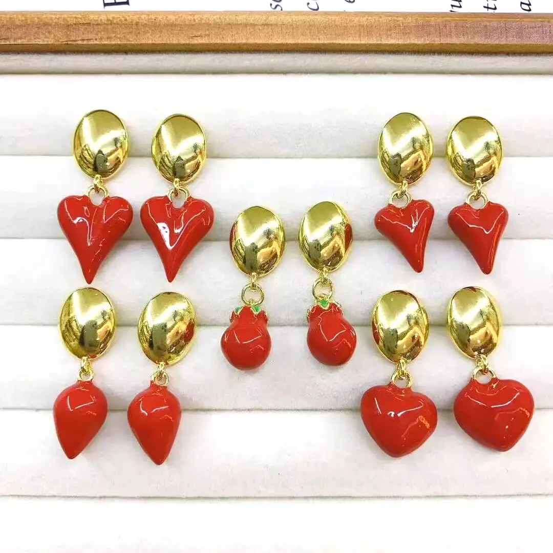 5Pair Stylish Funky Cute 18k Gold Plated Red Enamel Puffy Bubble Heart Dangle Drop Vintage Charm Chic Button Stud Earrings