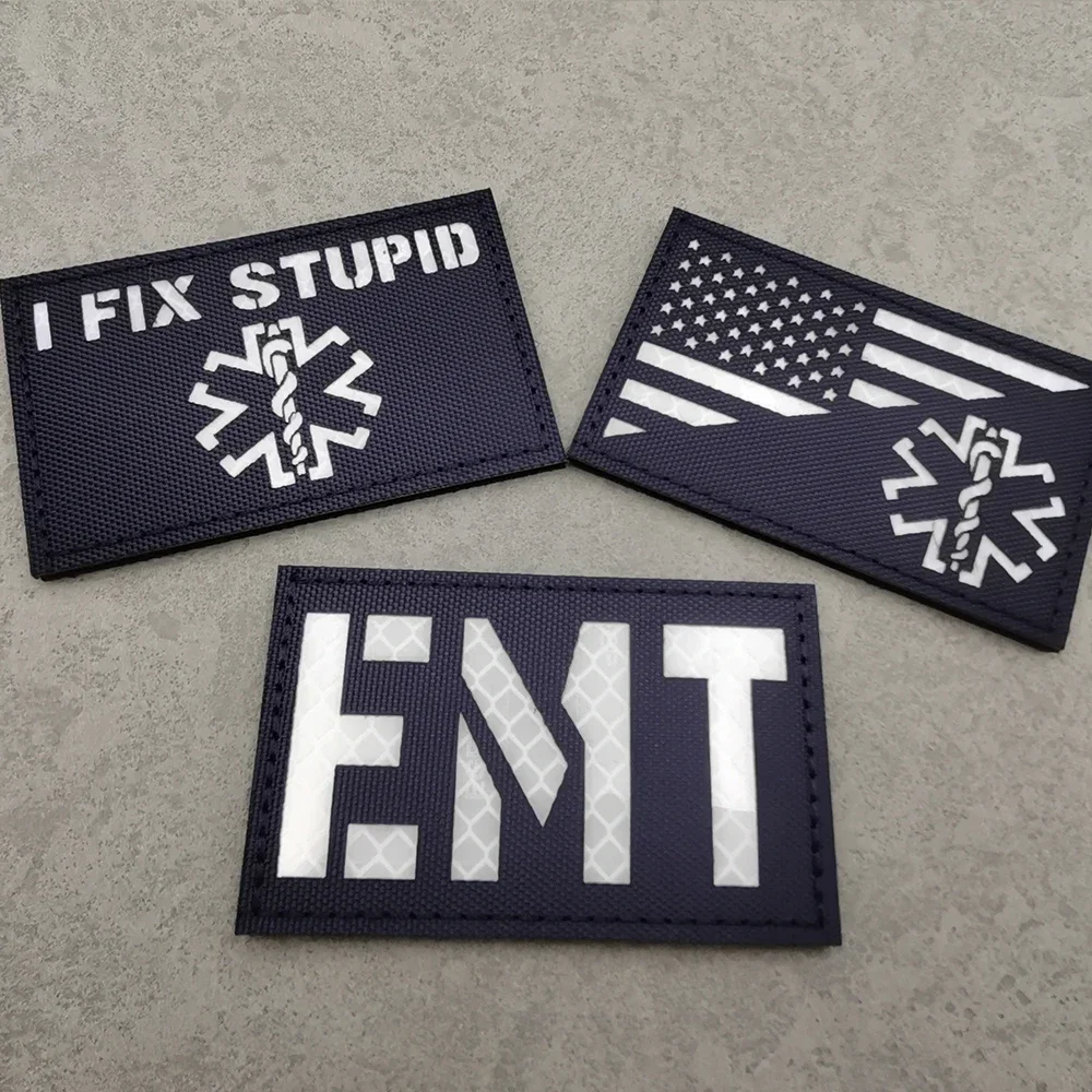 I FIX THE STUPID Laser Cutting USA Flag Rescue Snak Dark Blue Sew On White Reflective EMT Patch For Clothing Bag Applique