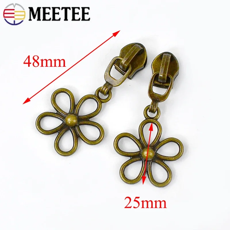 5/10/20Pcs Meetee 5# Nylon Zipper Slider Metal Flower Zips Puller Head for Zip Jacket Bag Repair Garment Sewing Accessory