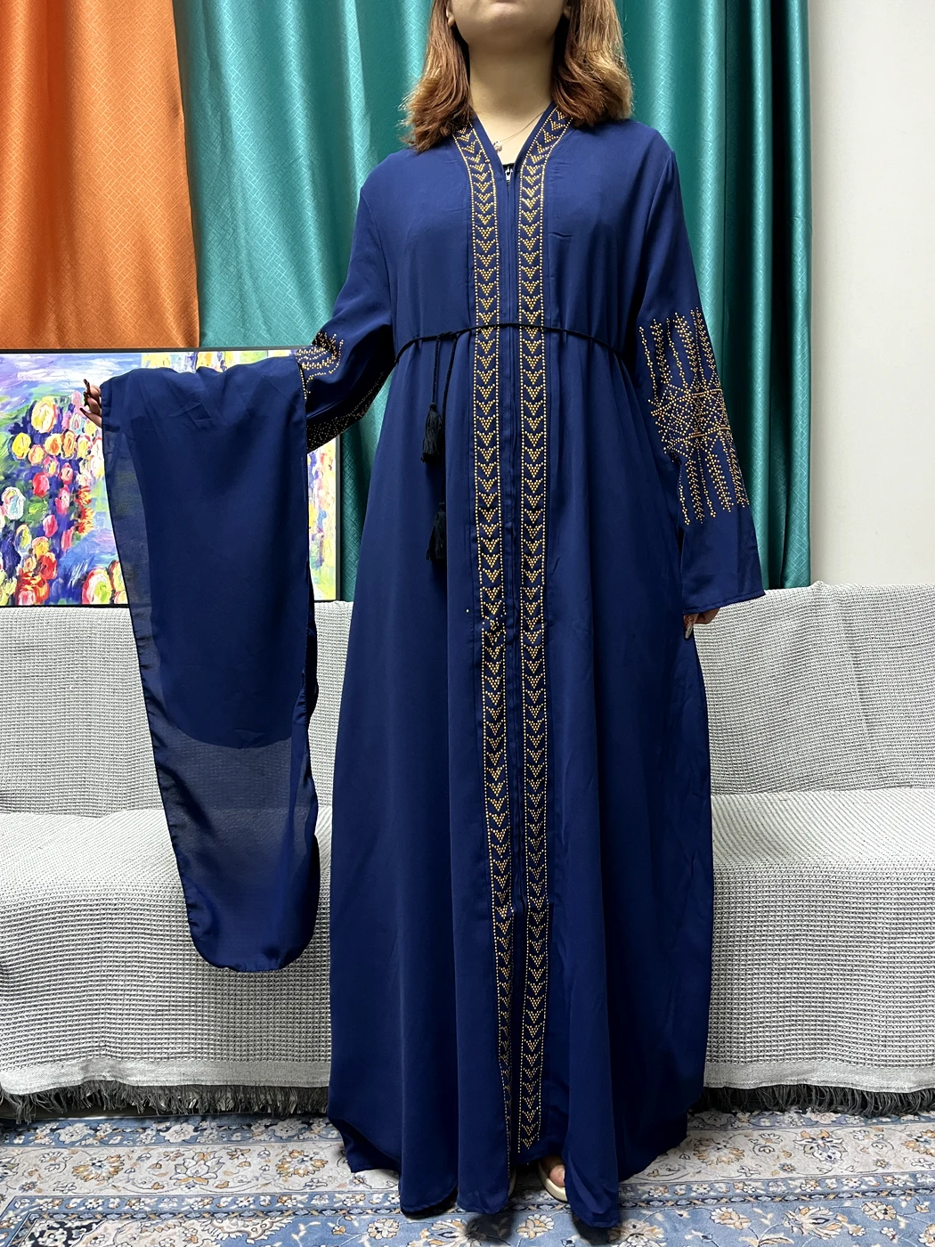 Abaya terbuka Muslim untuk wanita Set rantai sifon longgar Auger Fit Femme jubah Islam Turki gaun pesta tradisional dengan Turban