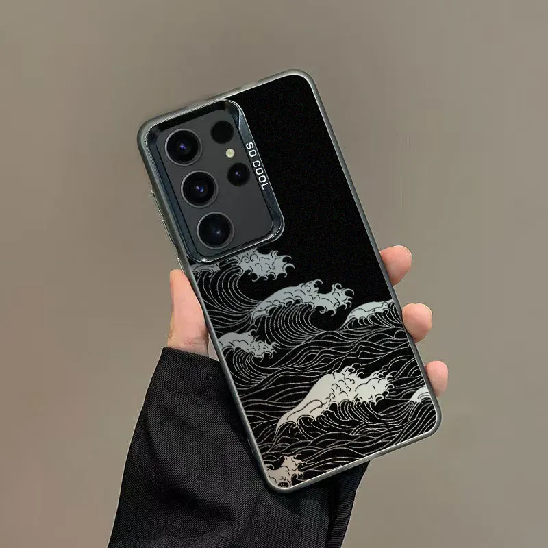 

Laser Phone Case For For Samsung S24 S23 Ultra Plus FE S25 S22 Ultra Plus S21 FE Fashion Black Great Wave Shockproof Back Covers