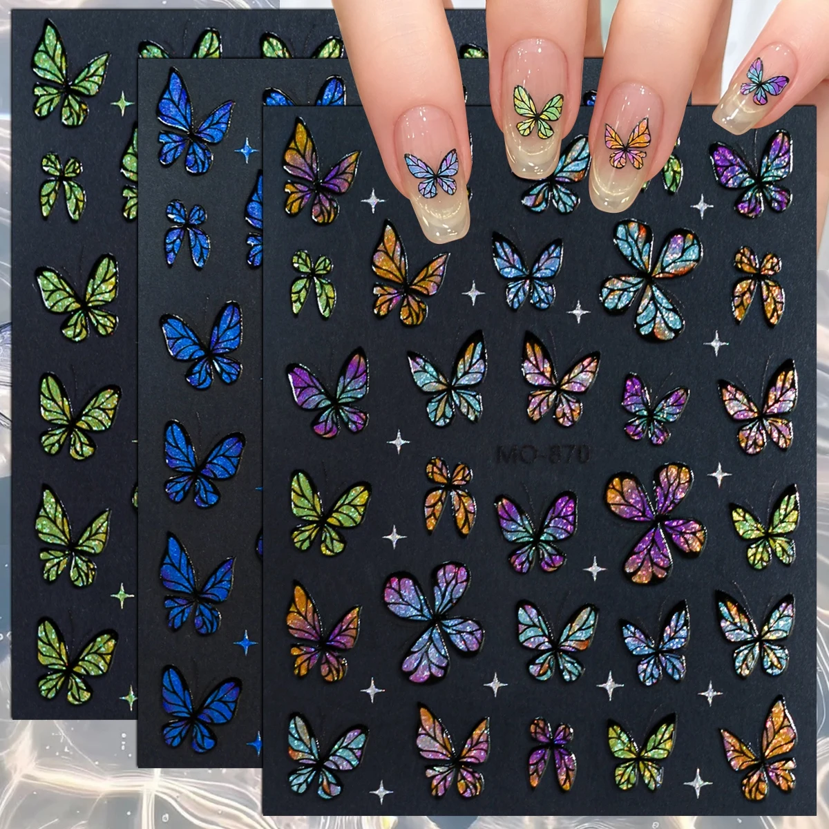 3 to 12 Sheets 5D Butterfly Iridescent Stained Glass Rainbow Blue Green Aurora Y2K Self-Adhesive Nail Art Stickers