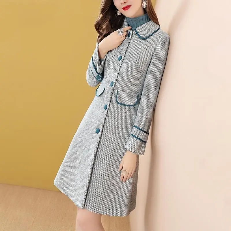 Women's Long Woolen Coat, Elegant Slim Fit, All-Match Outwear, Monochromatic, Casual Fashion, Temperament, Large Size, New, 2024