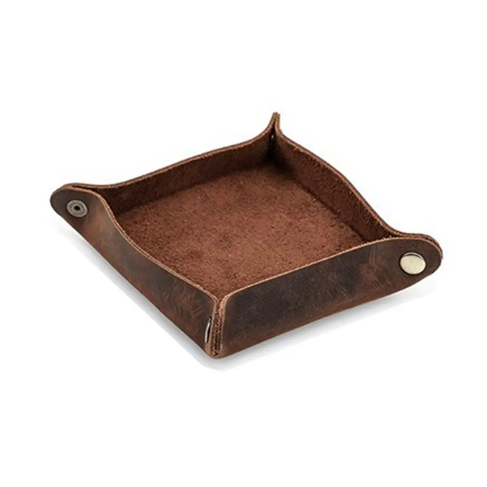 Creative Genuine Leather Snap Valet Tray Snap Closure Foldable Desk Organizer Versatile Desktop Storage Tray Key Tray