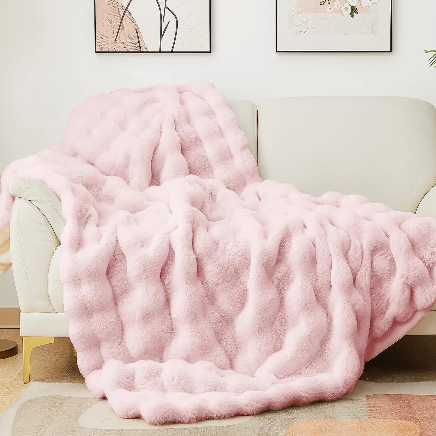 

Pink Faux Fur Throw Blanket 50x60 Soft Warm Thick Cozy for Couch Bedroom All Seasons Gift
