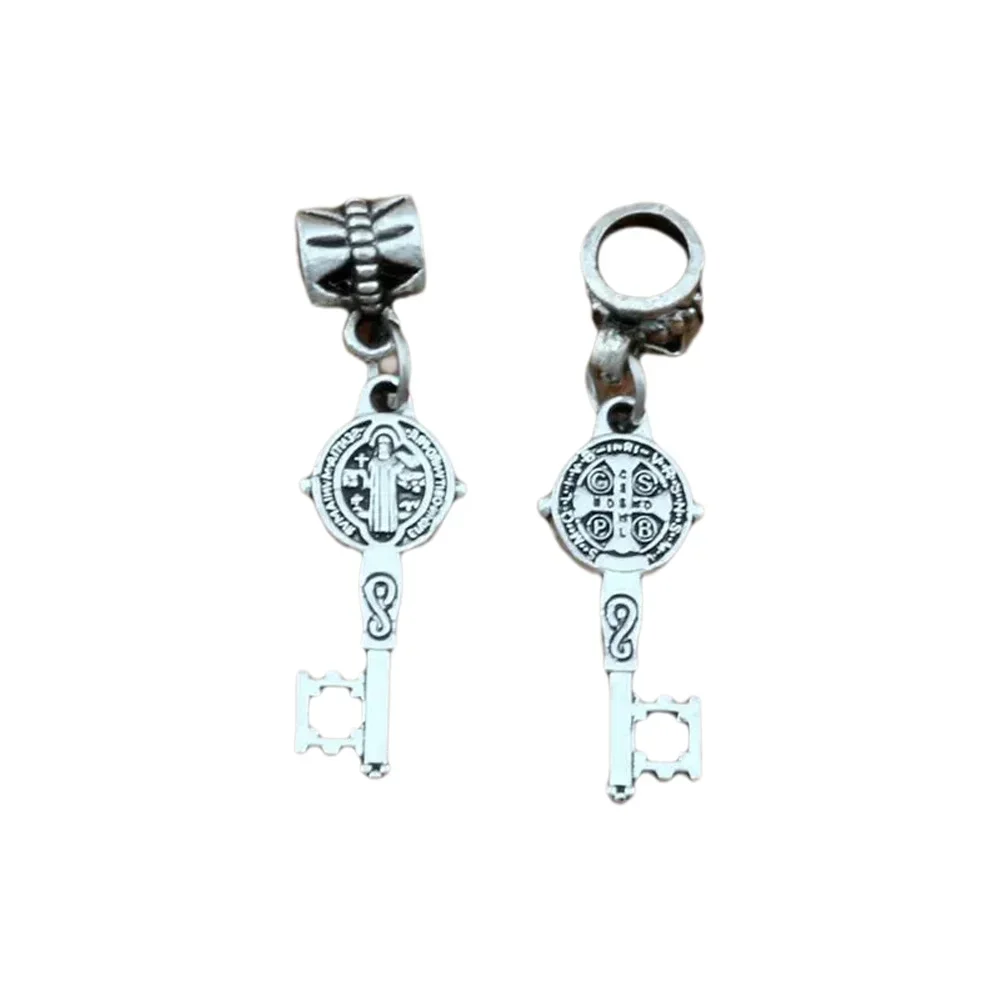 100Pcs Dangle Saint Benedict Medal Cross Key Religious Charms Big Hole Bead Fit European Charm Bracelet Jewelry 9.5x35.2mm 2c