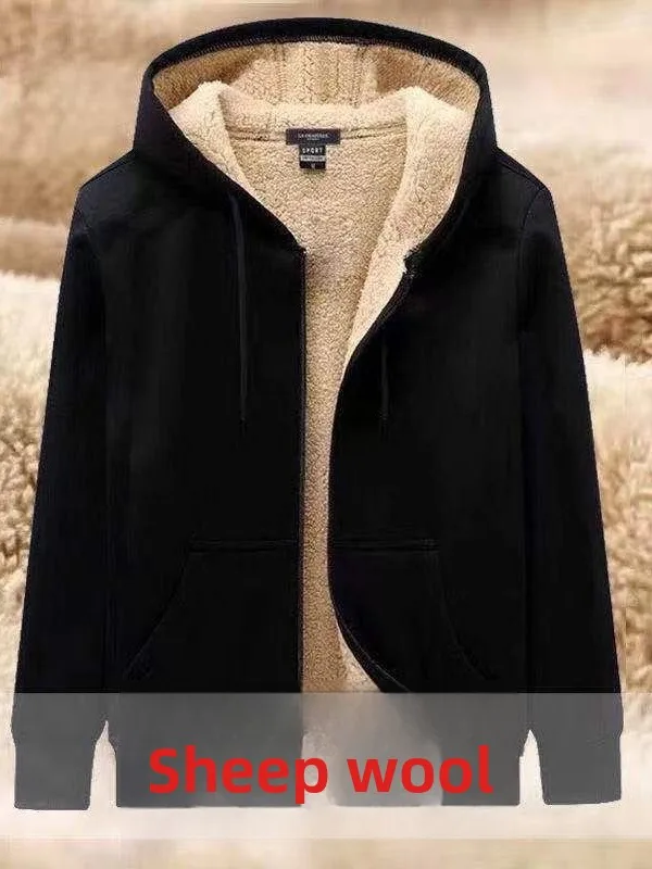 

Lamb Velvet Hooded Jacket Men's Warmth Outerwear Fleece Lined Autumn Winter Fashion Casual Sweatshirt Polyester Fiber
