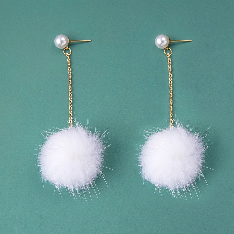 Fashion Pearl Plush Ball Dangle Earrings For Women Girls Cute White Pompoms Drop Earrings Korean Jewelry