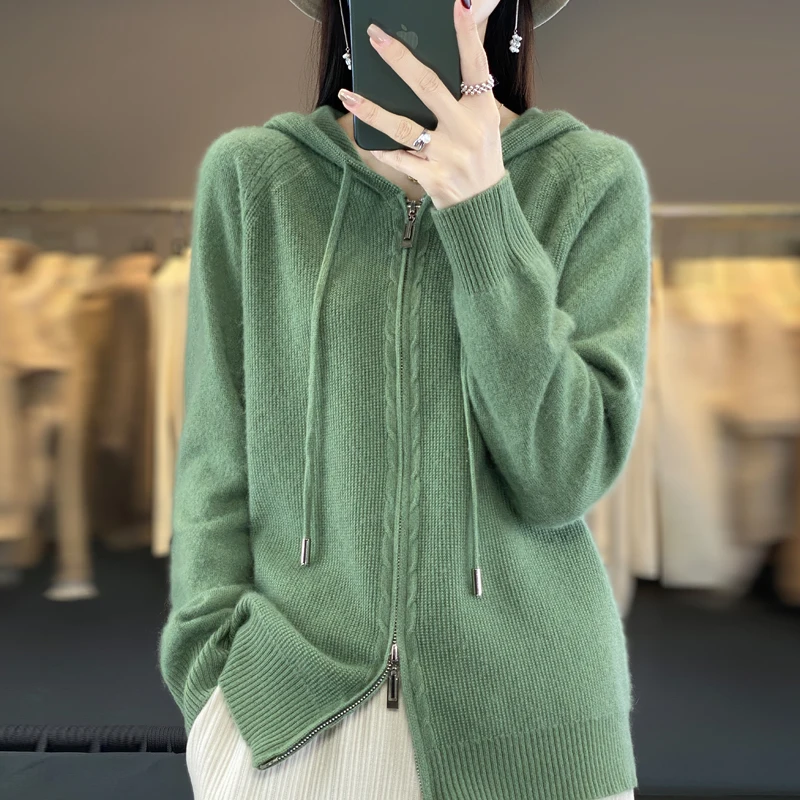 2024 New Cashmere Sweater Women Hooded cardigan Fashion Loose Casual Zipper Cashmere Sweater Women Coat