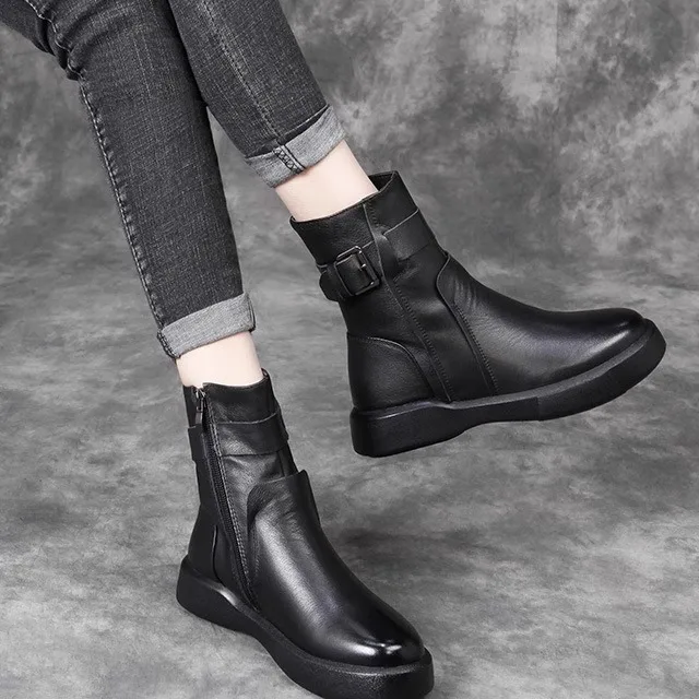 

Leather Boots Women's Casual Fleece Lined Belt Buckle Short Boots round Toe Mid-Calf Rubber Outsole Winter Boots