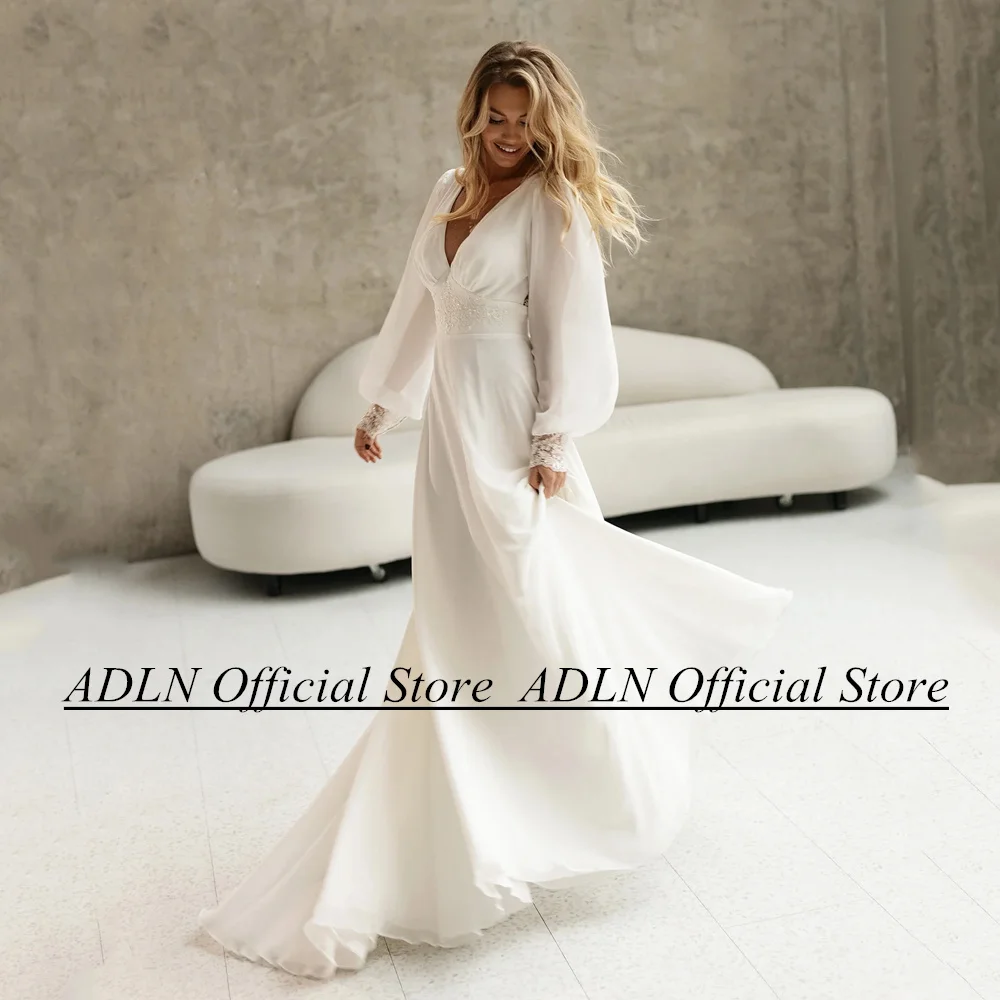 ADLN Women Wedding Dress Customized Puff Sleeves V Neck Applique Summer A Line Bride Gown Open BacK Beach Bridal Dresses