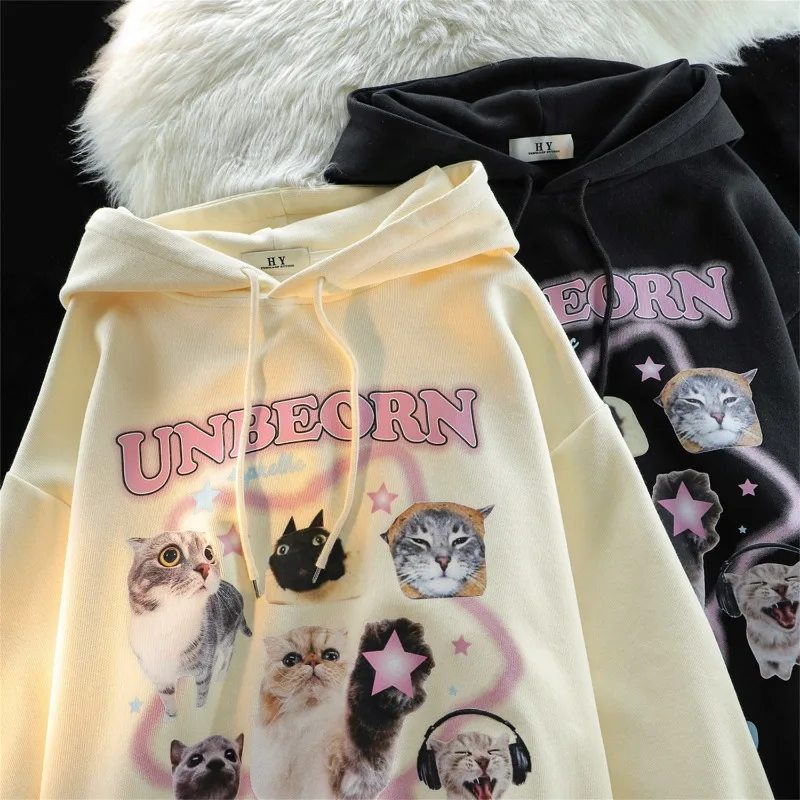 American Funny Stars Cat Graphic Hoodies Men Women Aesthetic Cartoon Sweatshirt Loose Oversized Teenage Students Kawaii Clothes