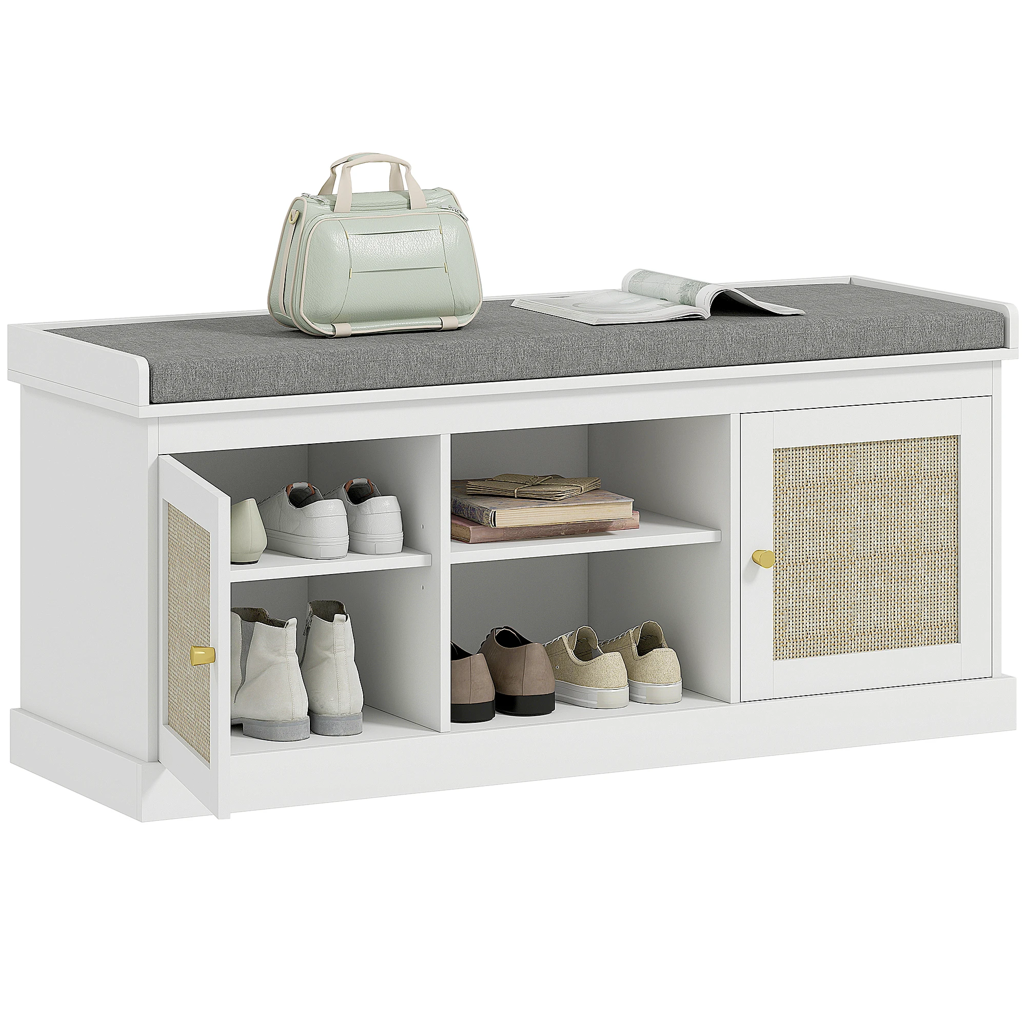 Homcom Banc à chaussures avec portes avant en rotin Etagères réglables et ouvertes pour entrée chambre 105X35X47 cm Blanc