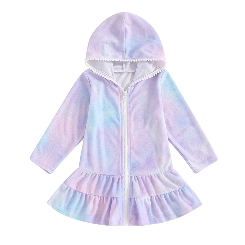 

Toddler Girl Beach Dress long sleeve Hooded Zipper Closure Tie-dye Print Ruffled Summer Dress Swimwear