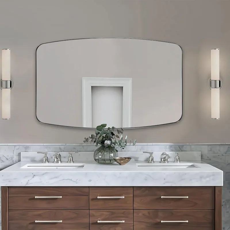 Brushed Nickel Bathroom Oval Mirror with Stainless Steel Metal Frame, Silver Oblong Mirror Wall Mounted for Bedroom,