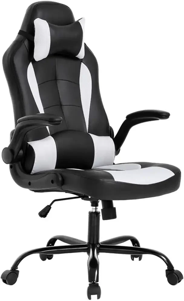 PC Gaming Chair Ergonomic Office Chair Desk with Lumbar Support Flip Up Arms Headrest PU Leather Executive High Back (White)