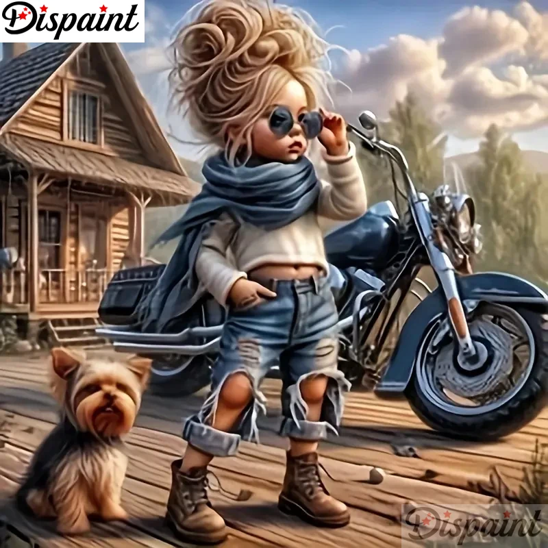 Dispaint 5D-Diamantgemälde, voll quadratisch/rund, „Portrait Girl Dog Car“, Bild von Strasssteinen, DIY-Diamant-Stickerei, Heimdekoration