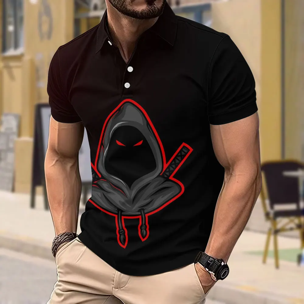 Cartoon Ninja 3d Printing Fashion Casual Men's Lapel Polo Shirt New Style Polyester Slightly Stretch Short Sleeve Top Pullover