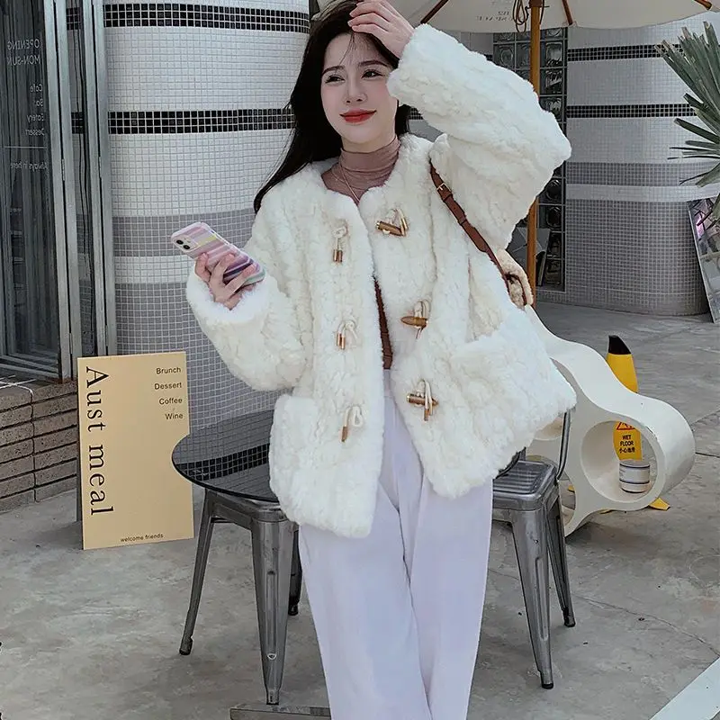 New White Lamb Fur Coat Korean Plush Fur Environmentally Friendly Fur Cow Horn Buckle Rabbit Fur Thickened Women's Cotton Jacket