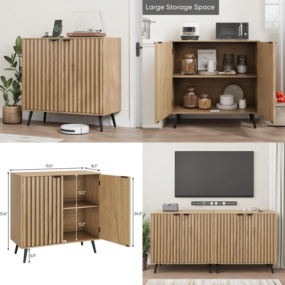 

Stylish Freestanding Sideboard Cabinet in Natural Finish, Adjustable Shelf Buffet for Living Room Wood Storage