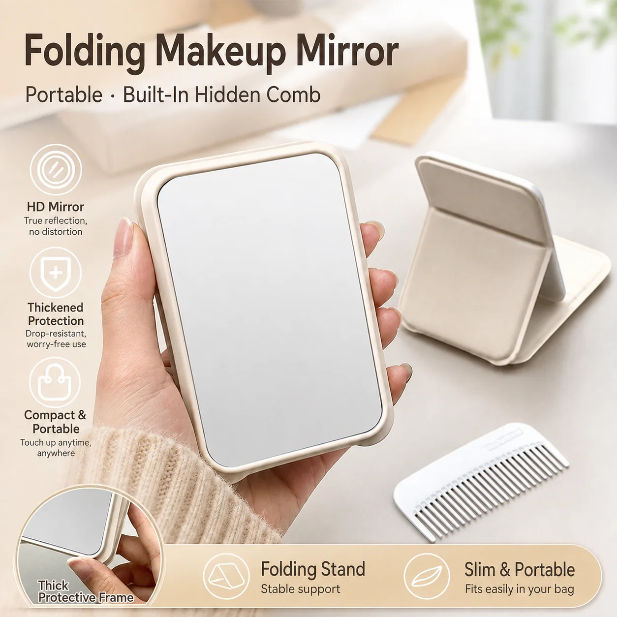 Makeup Mirror Lightweight Travel Beauty Mirror Mirror With Hidden Comb Rectangular For Student Dorm Daily Touch Ups Hair