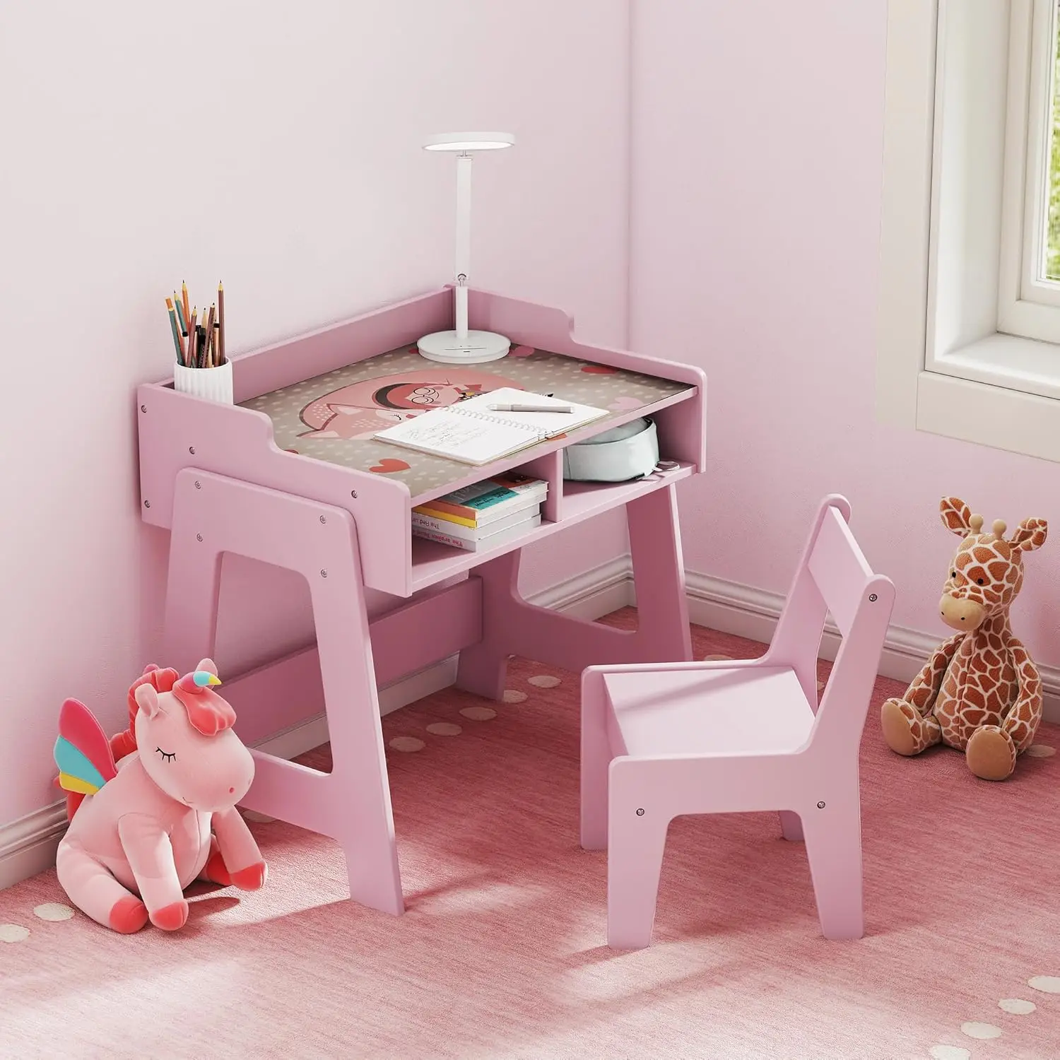 

Toddler Table and Chair Set, Wooden Kids Desk and Chair Set, Pink Study Table and Chair Set for Girls, Kids Acitvity Table with