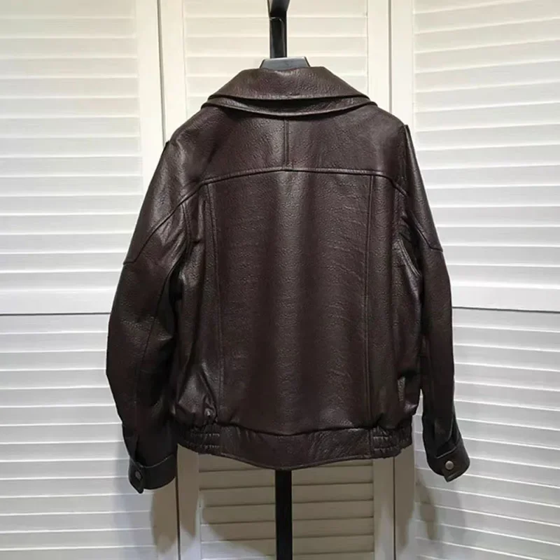 Echte Lederjacke Doppelrevers Damenmantel Frühling Herbst Drop-Shoulder-Ärmel lässiger Stil kurze Länge echtes Schaffell