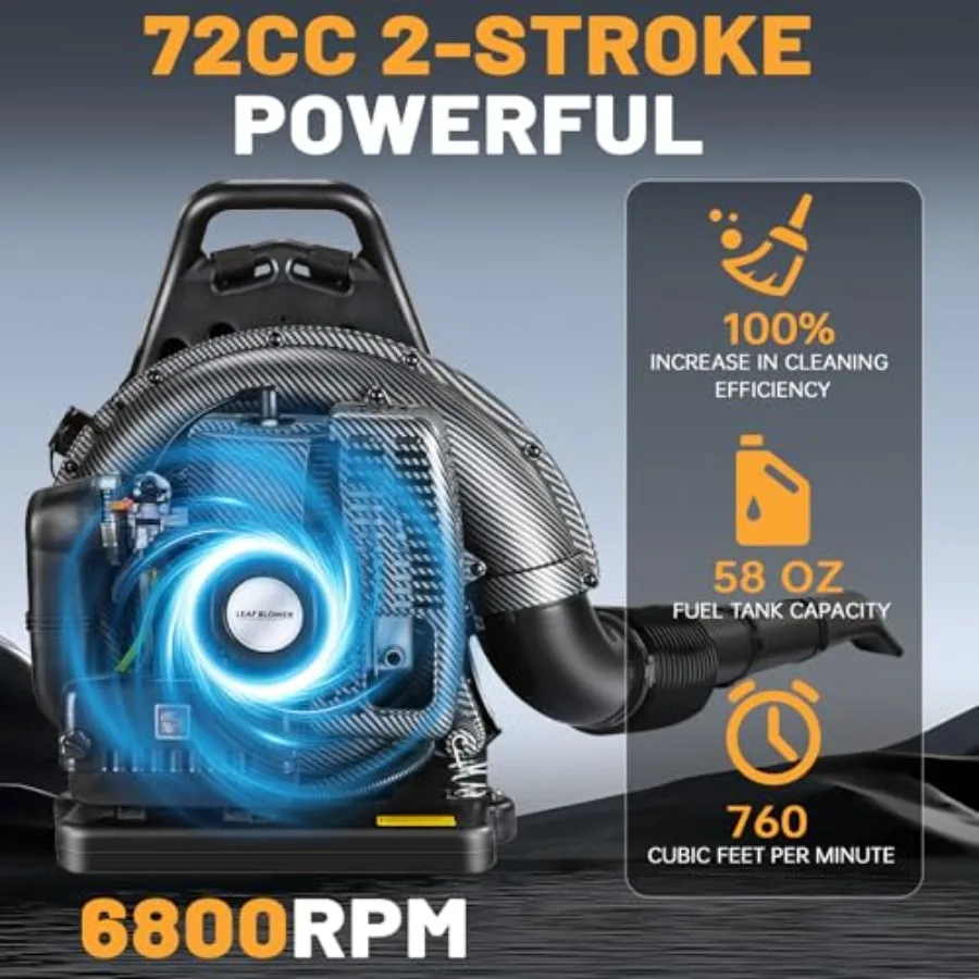 72CC Gas Backpack Leaf Blower - 2-Stroke Handheld-Class V Engine 230 MPH 760 CFM Adjustable Speed Low Noise Ergonomic Design Cr