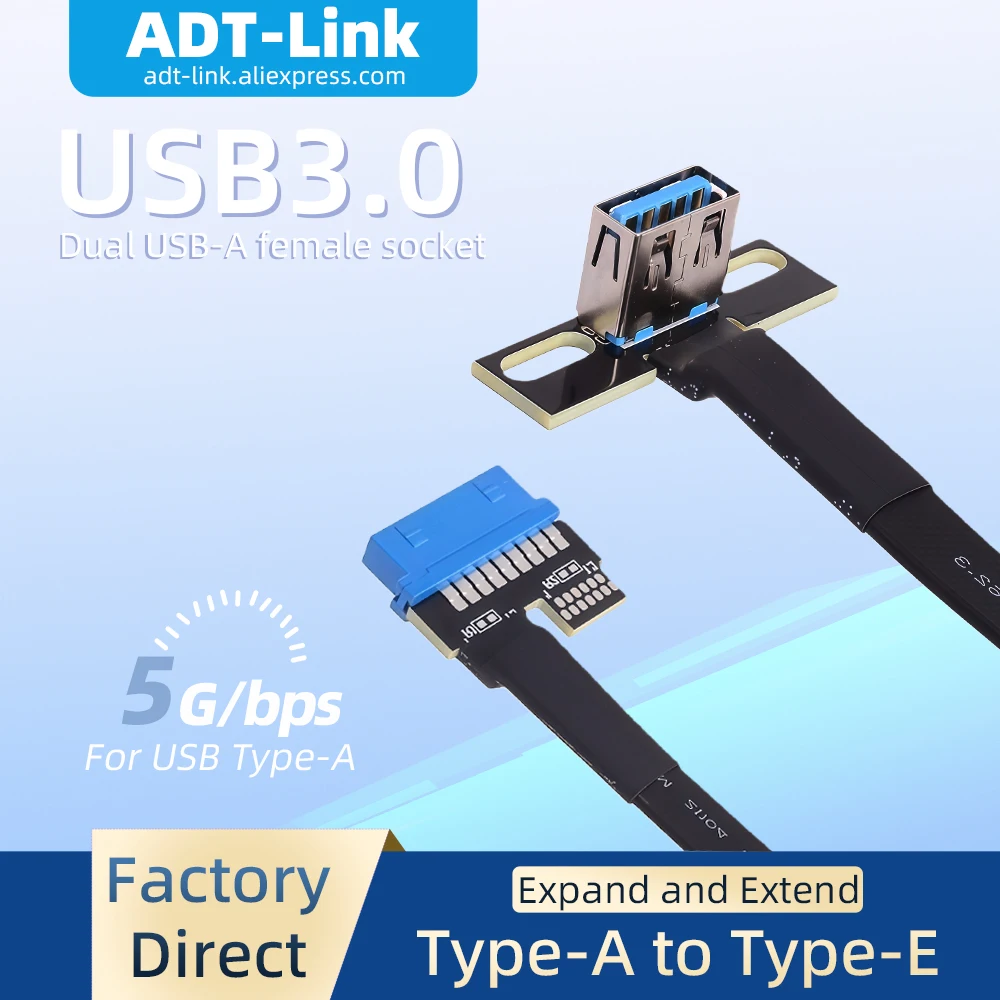ADT-Link 5Gbps USB3.0 Type A to Type A Extension Cable Blue Interface 19P/20P Front Rear Corners With Screw Holes Adapter