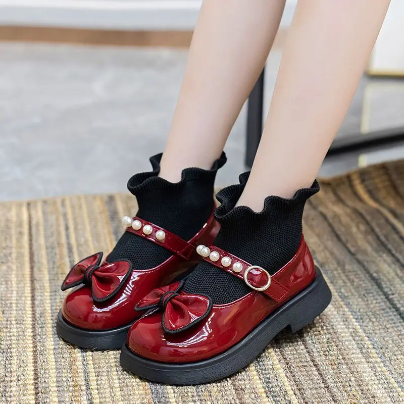 Fashion Kids Princess Bow Leather Ankle Boots Autumn Winter Fleece Lined Knit Sock Boots Baby Shoes
