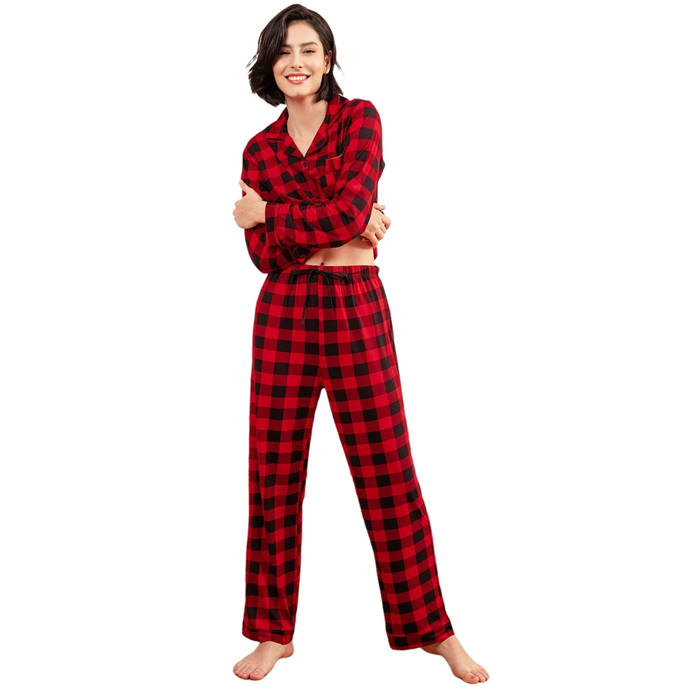 Women\'s Red and White Check Pajama Two-piece Set Long Sleeve Lapel Cardigan Shirt and Pants