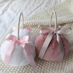 Women Earmuff Faux Pearl Headband Ribbon Bowknot Fuzzy Plush Autumn Winter Girls Ear Warmer Imitation Rabbit Plush Ear Muff 귀마개