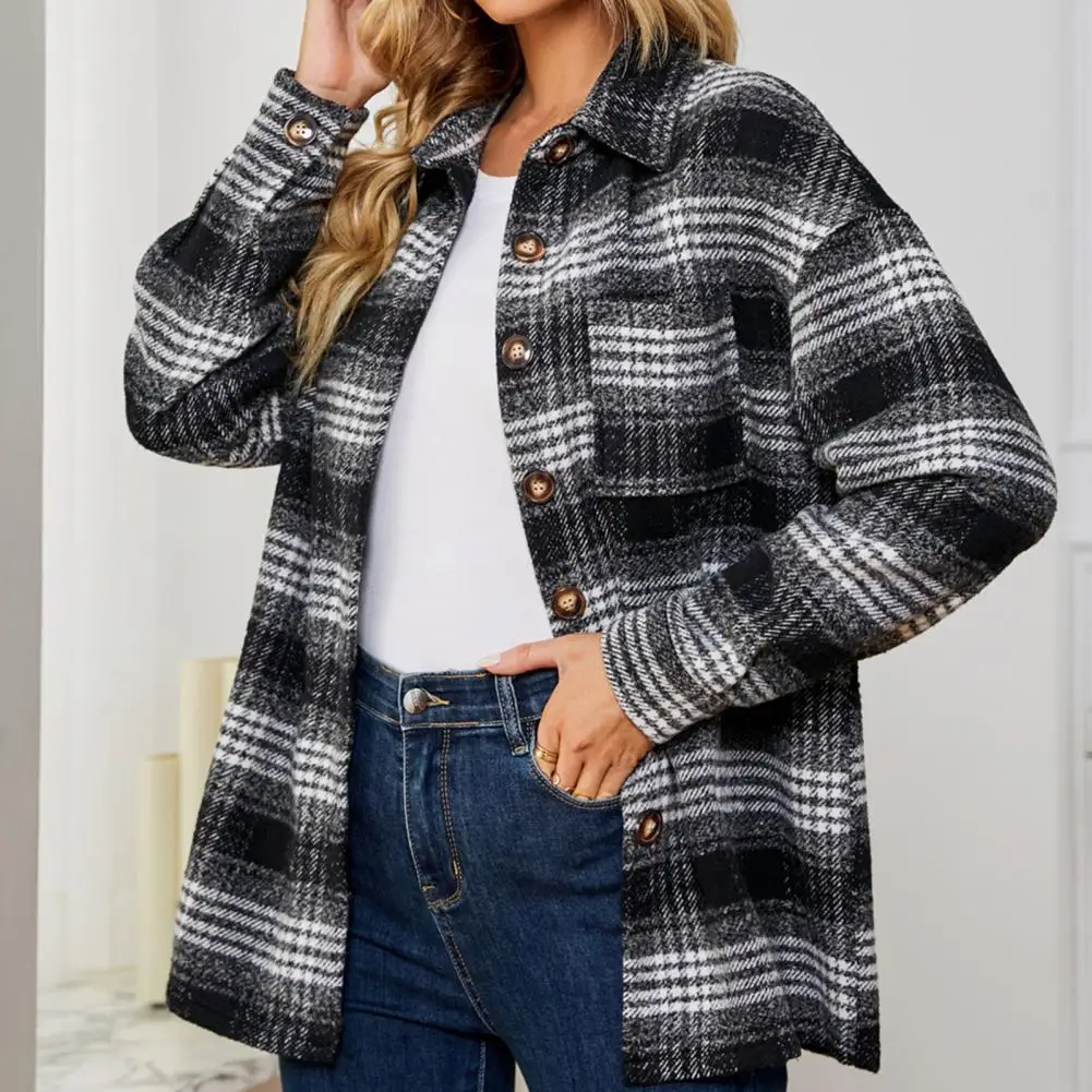 Abrigo de invierno para mujer, cárdigan con estampado a cuadros de Color contrastante, de una sola botonadura, holgado, con bolsillos calientes, informal, de manga larga, Tops