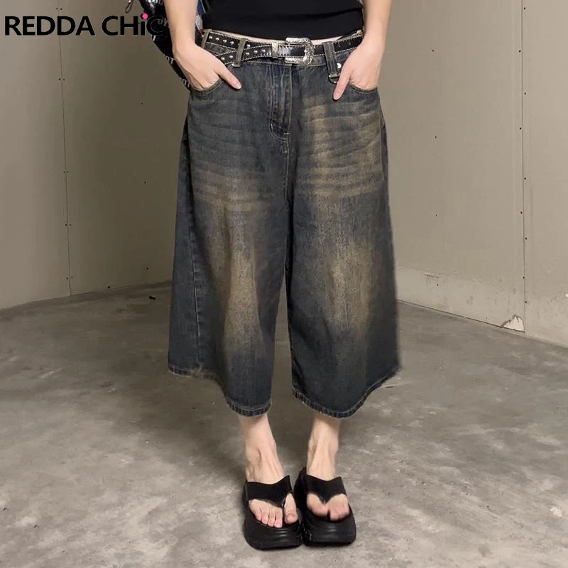 REDDACHiC Low Rise Men Women Cropped Jeans Baggy Jorts Vintage Washed Denim Shorts Wide Leg Pants Summer Unisex Ladies Trousers