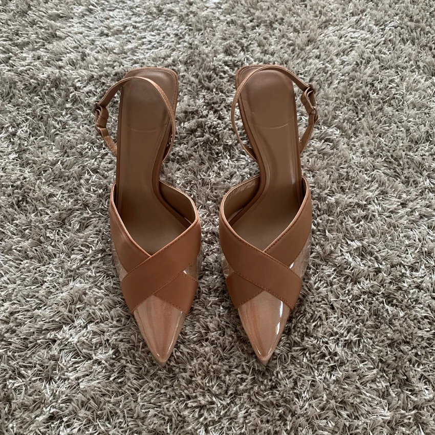 2023 Woman Brown High Heels Women Sandals Summer Fashion Pointed Toe Low-heel Pumps Slingbacks Elegant Female Heeled Shoes