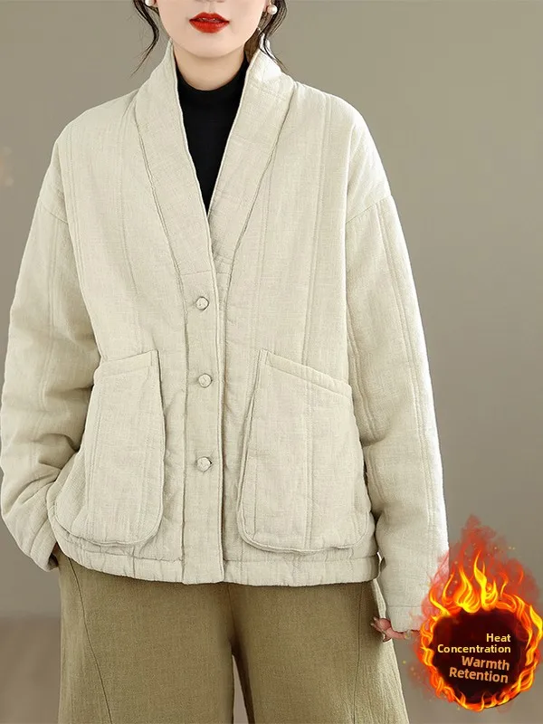 

Thiened Cotton Jaet Outerwear Winter New Sle Chinese Sle V-Ne Long Sve Warmth Cotton Linen Zen Spirit Faionable