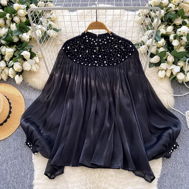 niche high sense heavy industry beads hot diamond lantern sleeves fringed mesh shirt women's loose casual top