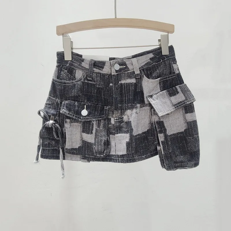 Printing and Dyeing Multi-Pocket Loose Short Skirt Women 2024 Summer New Street Hot Girl Denim Skirt Tooling Style Mini Skirt